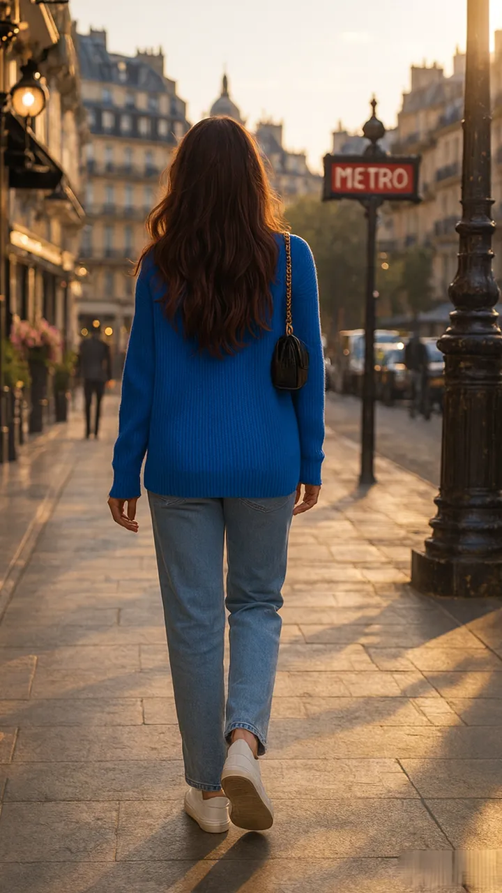 Même scène, tenue pull bleu, jean et baskets